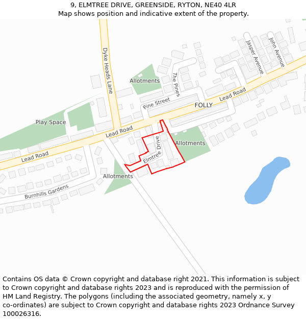 9, ELMTREE DRIVE, GREENSIDE, RYTON, NE40 4LR: Location map and indicative extent of plot