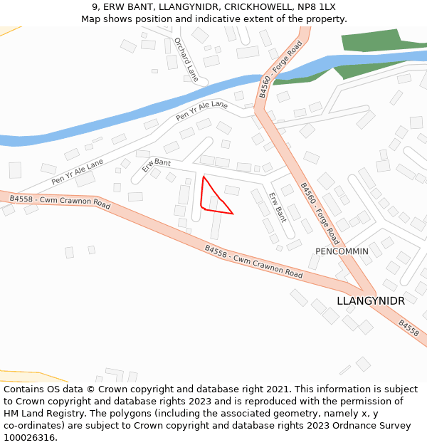 9, ERW BANT, LLANGYNIDR, CRICKHOWELL, NP8 1LX: Location map and indicative extent of plot