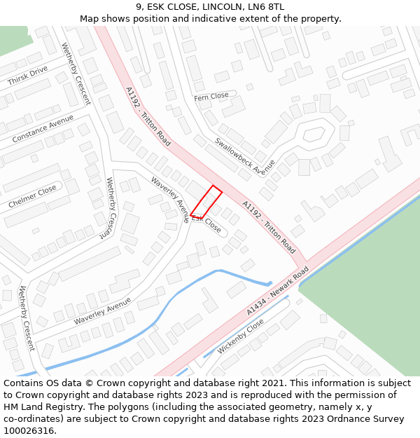 9, ESK CLOSE, LINCOLN, LN6 8TL: Location map and indicative extent of plot