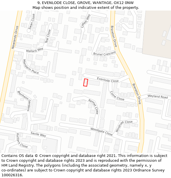 9, EVENLODE CLOSE, GROVE, WANTAGE, OX12 0NW: Location map and indicative extent of plot