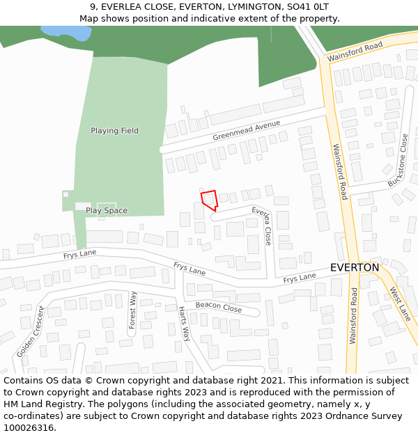 9, EVERLEA CLOSE, EVERTON, LYMINGTON, SO41 0LT: Location map and indicative extent of plot