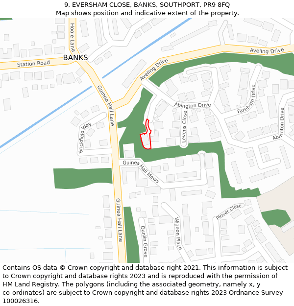 9, EVERSHAM CLOSE, BANKS, SOUTHPORT, PR9 8FQ: Location map and indicative extent of plot