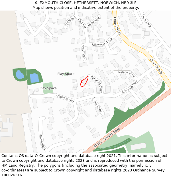 9, EXMOUTH CLOSE, HETHERSETT, NORWICH, NR9 3LF: Location map and indicative extent of plot