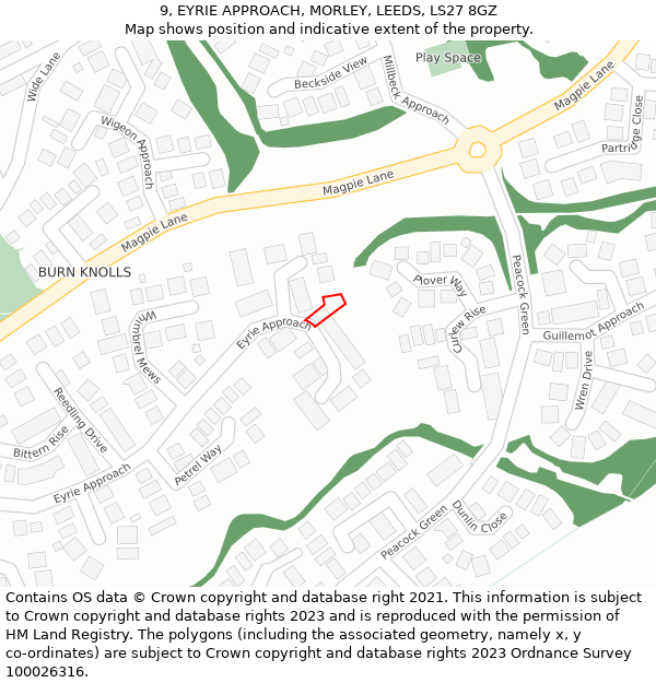 9, EYRIE APPROACH, MORLEY, LEEDS, LS27 8GZ: Location map and indicative extent of plot