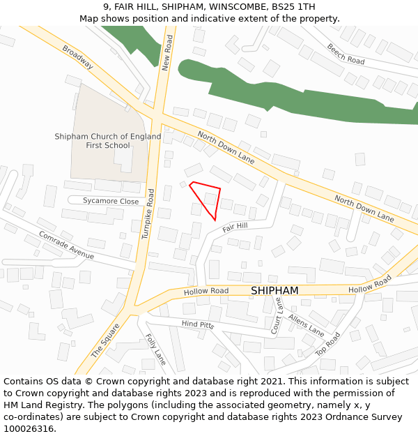 9, FAIR HILL, SHIPHAM, WINSCOMBE, BS25 1TH: Location map and indicative extent of plot