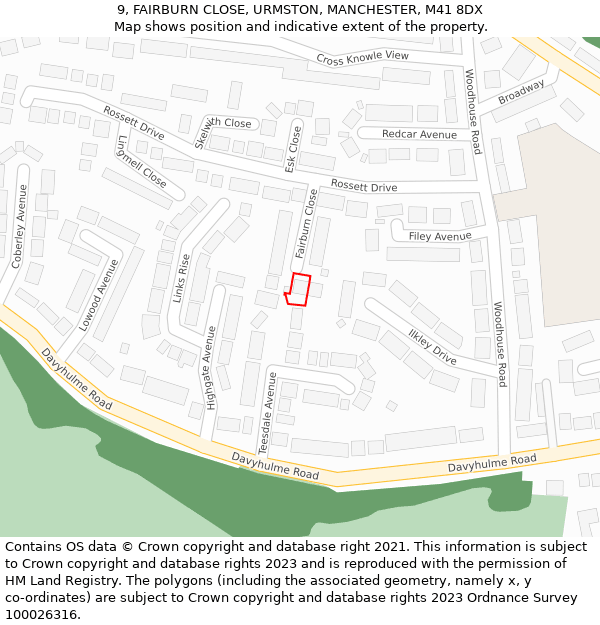 9, FAIRBURN CLOSE, URMSTON, MANCHESTER, M41 8DX: Location map and indicative extent of plot