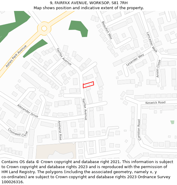 9, FAIRFAX AVENUE, WORKSOP, S81 7RH: Location map and indicative extent of plot