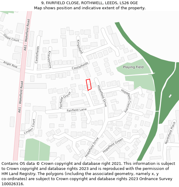 9, FAIRFIELD CLOSE, ROTHWELL, LEEDS, LS26 0GE: Location map and indicative extent of plot