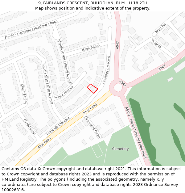 9, FAIRLANDS CRESCENT, RHUDDLAN, RHYL, LL18 2TH: Location map and indicative extent of plot