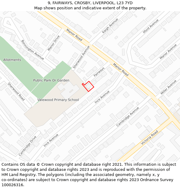 9, FAIRWAYS, CROSBY, LIVERPOOL, L23 7YD: Location map and indicative extent of plot