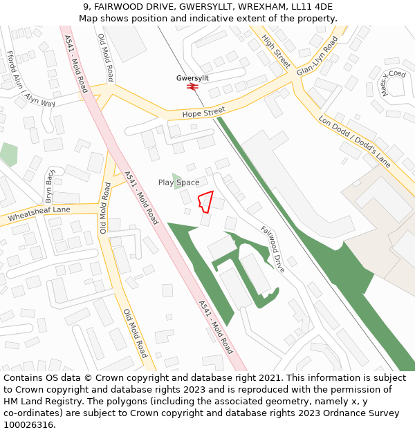 9, FAIRWOOD DRIVE, GWERSYLLT, WREXHAM, LL11 4DE: Location map and indicative extent of plot