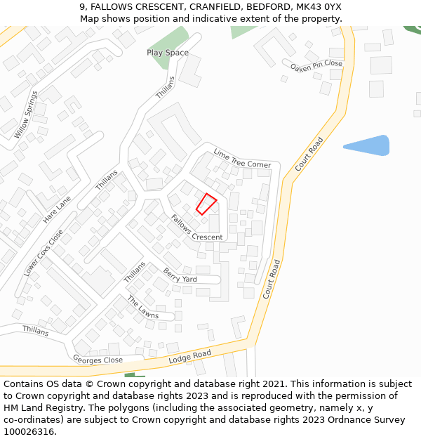 9, FALLOWS CRESCENT, CRANFIELD, BEDFORD, MK43 0YX: Location map and indicative extent of plot