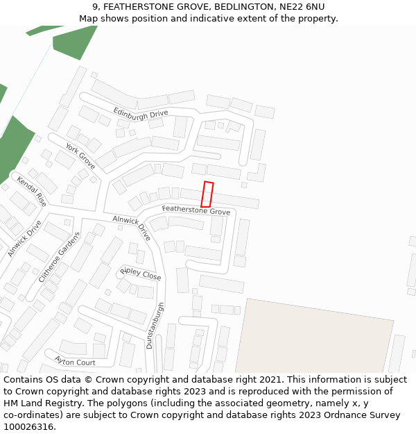 9, FEATHERSTONE GROVE, BEDLINGTON, NE22 6NU: Location map and indicative extent of plot