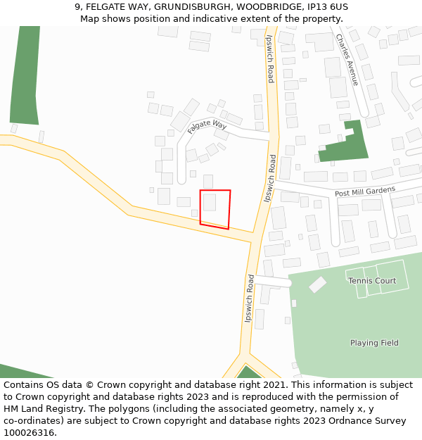 9, FELGATE WAY, GRUNDISBURGH, WOODBRIDGE, IP13 6US: Location map and indicative extent of plot