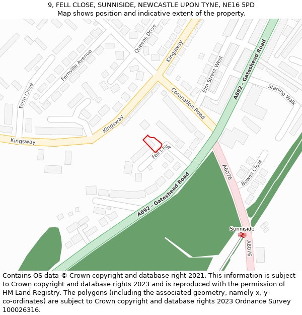 9, FELL CLOSE, SUNNISIDE, NEWCASTLE UPON TYNE, NE16 5PD: Location map and indicative extent of plot