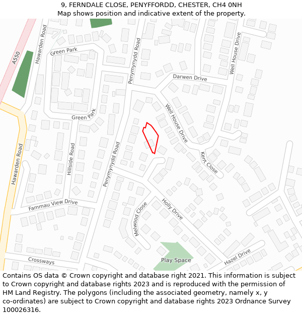 9, FERNDALE CLOSE, PENYFFORDD, CHESTER, CH4 0NH: Location map and indicative extent of plot