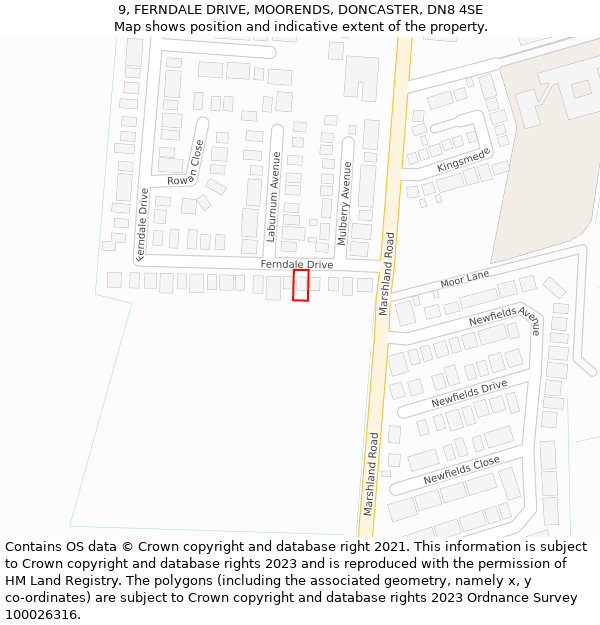 9, FERNDALE DRIVE, MOORENDS, DONCASTER, DN8 4SE: Location map and indicative extent of plot