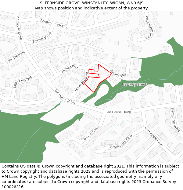 9, FERNSIDE GROVE, WINSTANLEY, WIGAN, WN3 6JS: Location map and indicative extent of plot