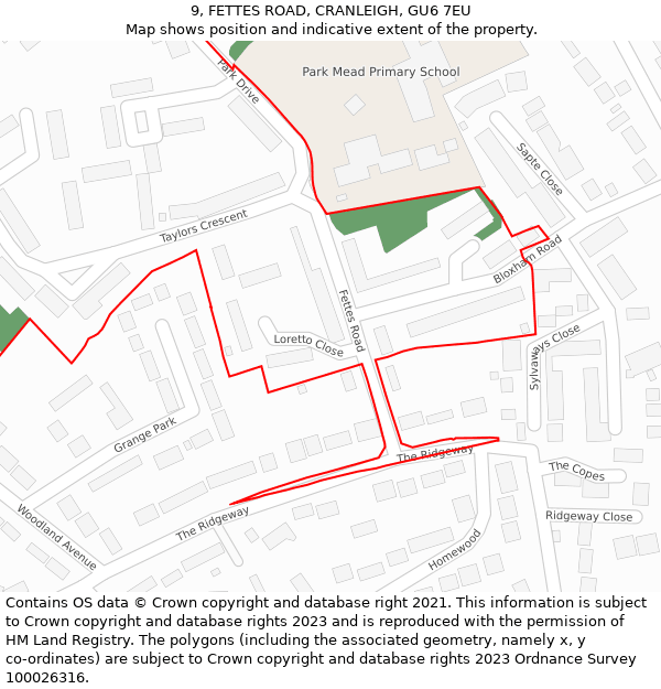 9, FETTES ROAD, CRANLEIGH, GU6 7EU: Location map and indicative extent of plot