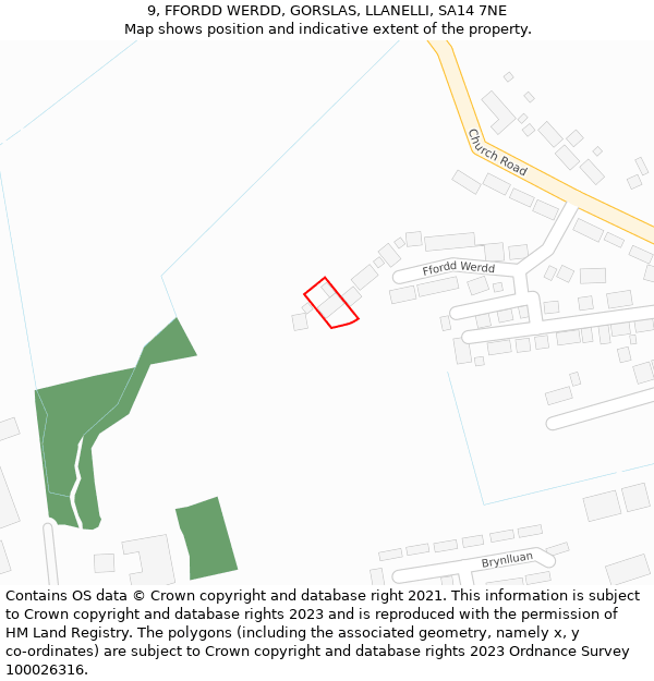 9, FFORDD WERDD, GORSLAS, LLANELLI, SA14 7NE: Location map and indicative extent of plot