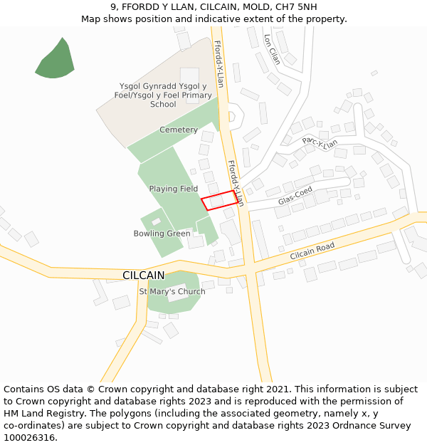 9, FFORDD Y LLAN, CILCAIN, MOLD, CH7 5NH: Location map and indicative extent of plot