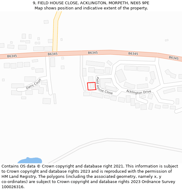 9, FIELD HOUSE CLOSE, ACKLINGTON, MORPETH, NE65 9PE: Location map and indicative extent of plot