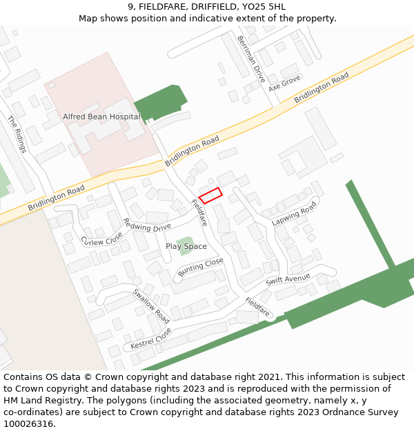 9, FIELDFARE, DRIFFIELD, YO25 5HL: Location map and indicative extent of plot