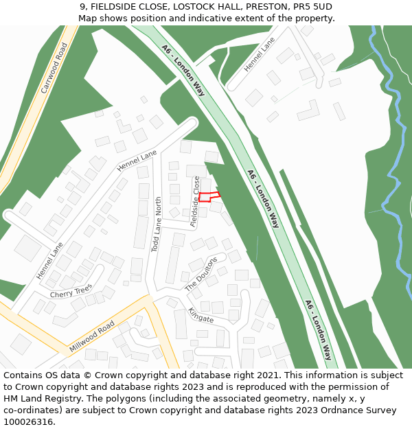 9, FIELDSIDE CLOSE, LOSTOCK HALL, PRESTON, PR5 5UD: Location map and indicative extent of plot