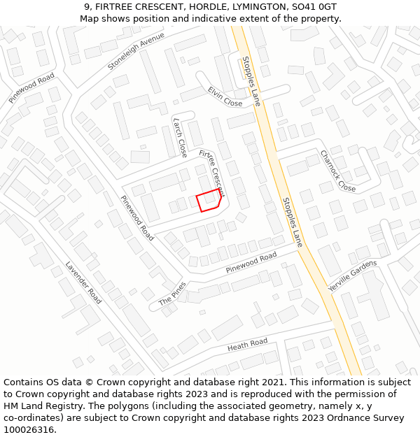 9, FIRTREE CRESCENT, HORDLE, LYMINGTON, SO41 0GT: Location map and indicative extent of plot