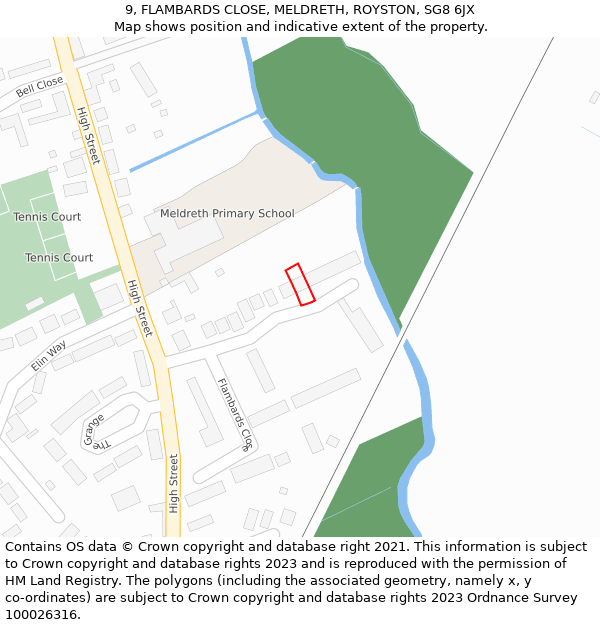 9, FLAMBARDS CLOSE, MELDRETH, ROYSTON, SG8 6JX: Location map and indicative extent of plot