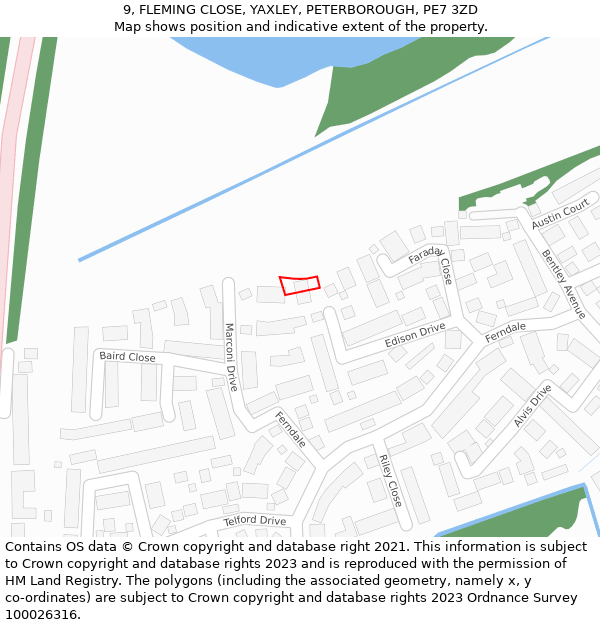 9, FLEMING CLOSE, YAXLEY, PETERBOROUGH, PE7 3ZD: Location map and indicative extent of plot