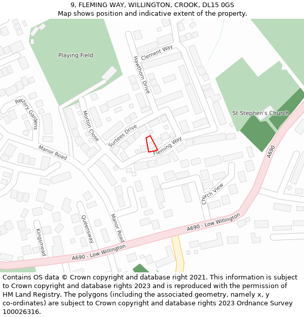 9, FLEMING WAY, WILLINGTON, CROOK, DL15 0GS: Location map and indicative extent of plot