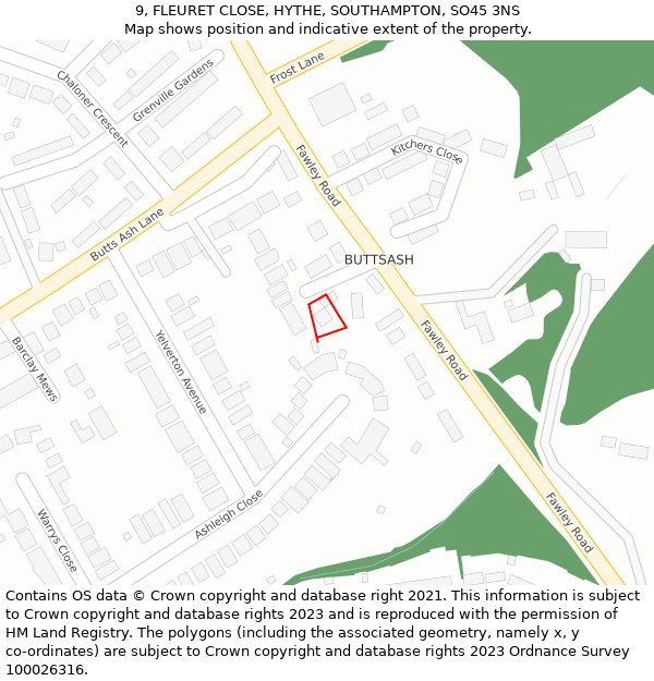 9, FLEURET CLOSE, HYTHE, SOUTHAMPTON, SO45 3NS: Location map and indicative extent of plot