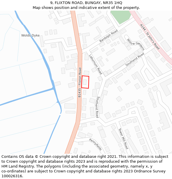 9, FLIXTON ROAD, BUNGAY, NR35 1HQ: Location map and indicative extent of plot