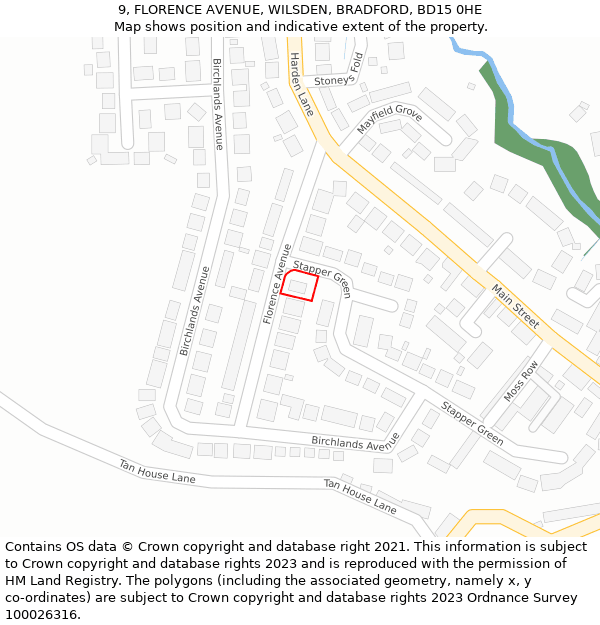 9, FLORENCE AVENUE, WILSDEN, BRADFORD, BD15 0HE: Location map and indicative extent of plot