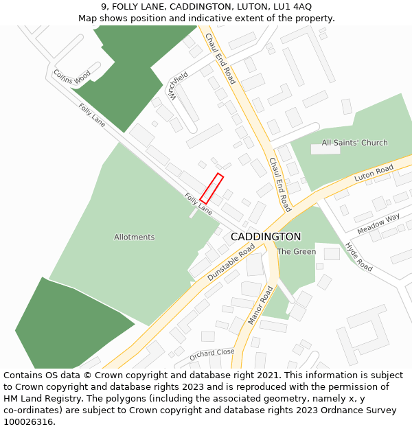 9, FOLLY LANE, CADDINGTON, LUTON, LU1 4AQ: Location map and indicative extent of plot