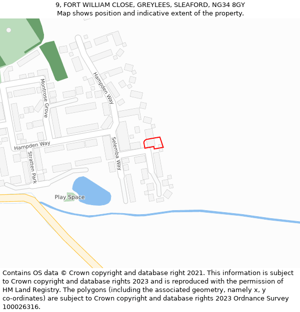 9, FORT WILLIAM CLOSE, GREYLEES, SLEAFORD, NG34 8GY: Location map and indicative extent of plot