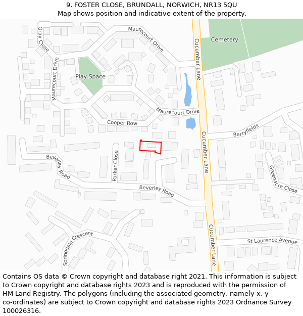 9, FOSTER CLOSE, BRUNDALL, NORWICH, NR13 5QU: Location map and indicative extent of plot