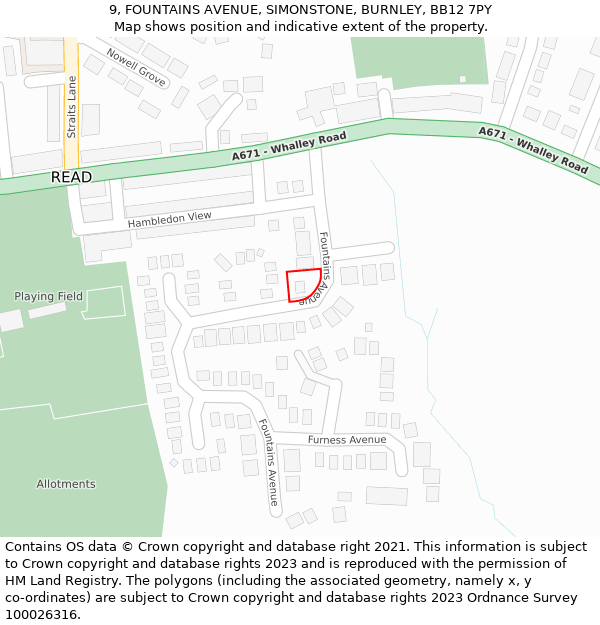 9, FOUNTAINS AVENUE, SIMONSTONE, BURNLEY, BB12 7PY: Location map and indicative extent of plot