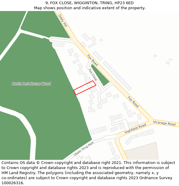 9, FOX CLOSE, WIGGINTON, TRING, HP23 6ED: Location map and indicative extent of plot