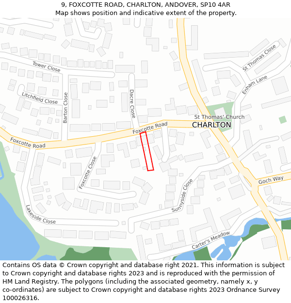 9, FOXCOTTE ROAD, CHARLTON, ANDOVER, SP10 4AR: Location map and indicative extent of plot