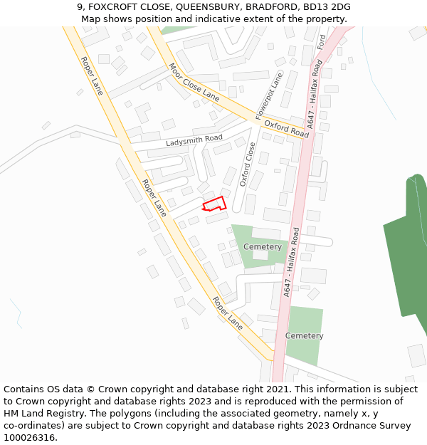 9, FOXCROFT CLOSE, QUEENSBURY, BRADFORD, BD13 2DG: Location map and indicative extent of plot