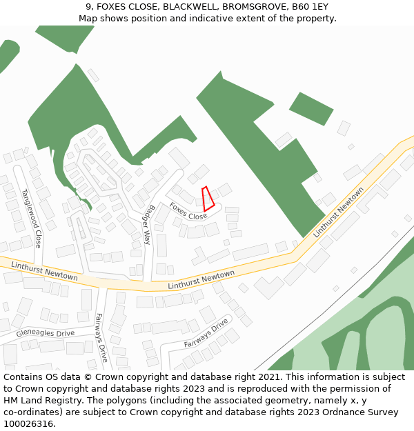 9, FOXES CLOSE, BLACKWELL, BROMSGROVE, B60 1EY: Location map and indicative extent of plot