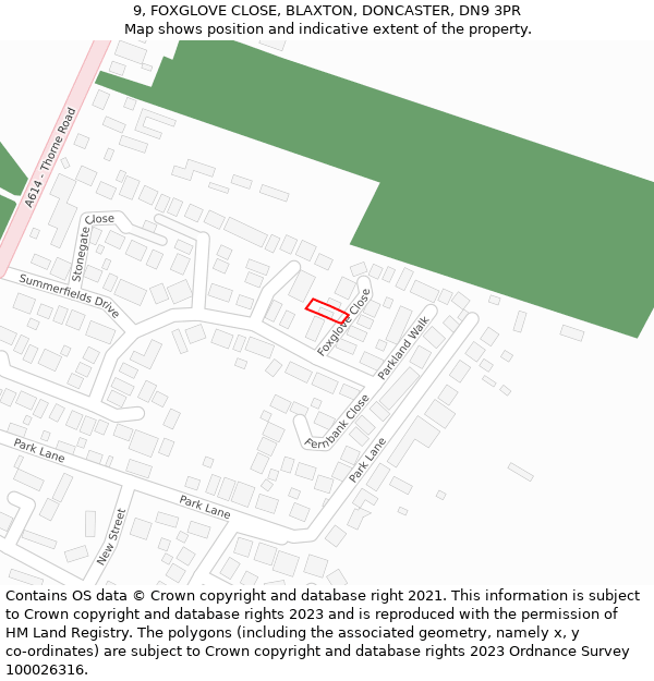 9, FOXGLOVE CLOSE, BLAXTON, DONCASTER, DN9 3PR: Location map and indicative extent of plot