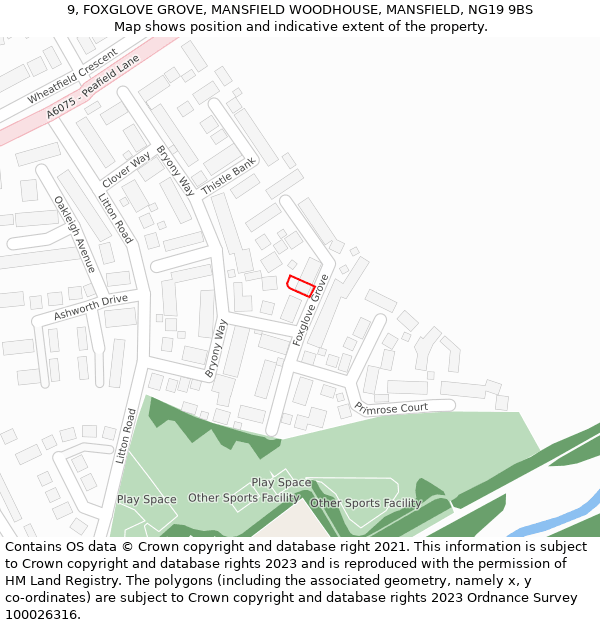 9, FOXGLOVE GROVE, MANSFIELD WOODHOUSE, MANSFIELD, NG19 9BS: Location map and indicative extent of plot