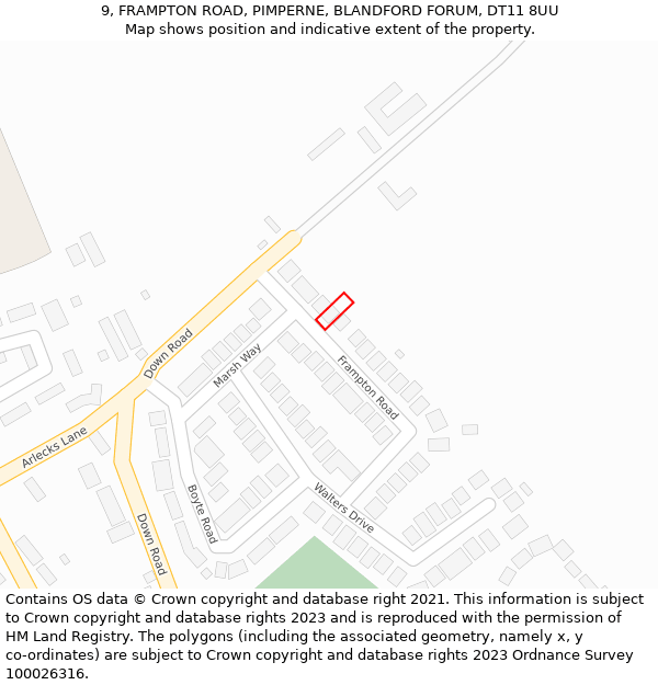 9, FRAMPTON ROAD, PIMPERNE, BLANDFORD FORUM, DT11 8UU: Location map and indicative extent of plot