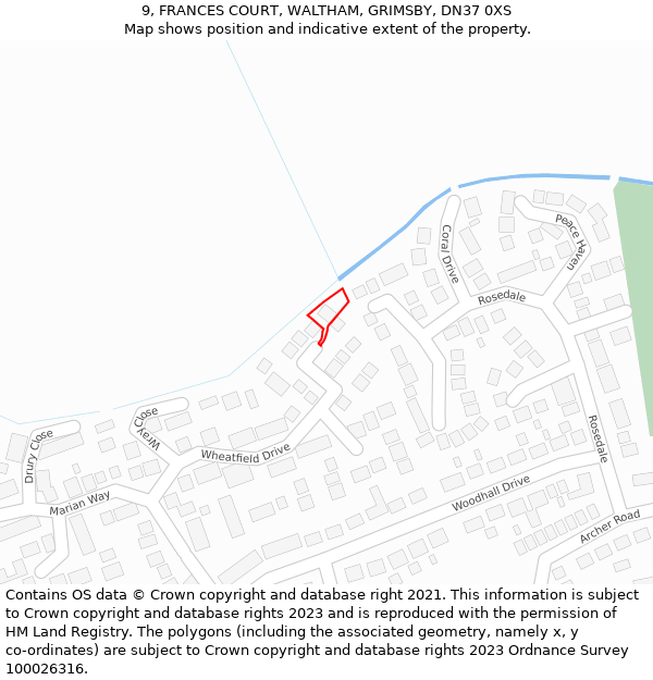 9, FRANCES COURT, WALTHAM, GRIMSBY, DN37 0XS: Location map and indicative extent of plot