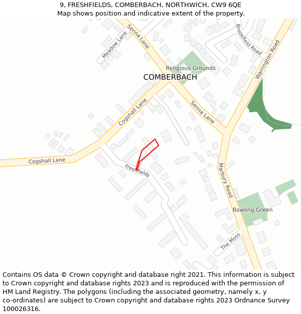 9, FRESHFIELDS, COMBERBACH, NORTHWICH, CW9 6QE: Location map and indicative extent of plot