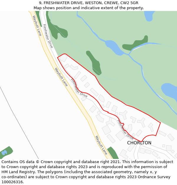 9, FRESHWATER DRIVE, WESTON, CREWE, CW2 5GR: Location map and indicative extent of plot