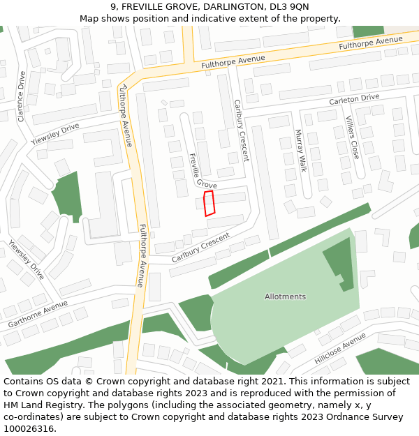 9, FREVILLE GROVE, DARLINGTON, DL3 9QN: Location map and indicative extent of plot